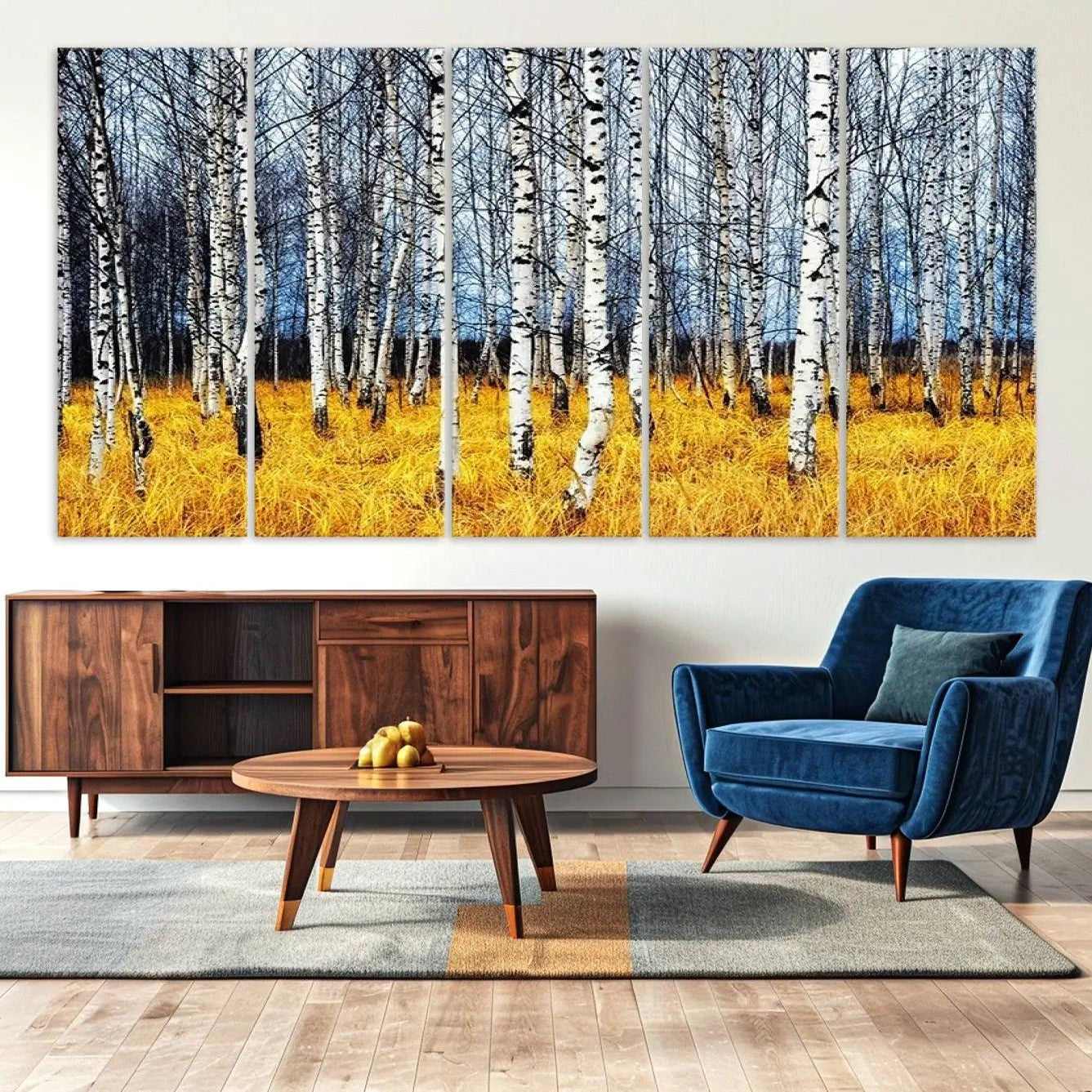 -Birch Trees Wall Art Print, Wall Art Landscape Canvas Print Leafless Trees on Yellow Ground