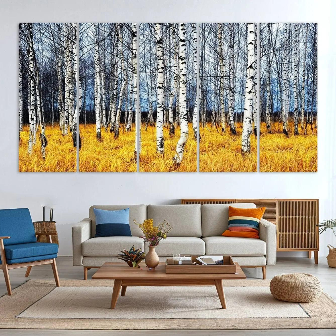 -Birch Trees Wall Art Print, Wall Art Landscape Canvas Print Leafless Trees on Yellow Ground