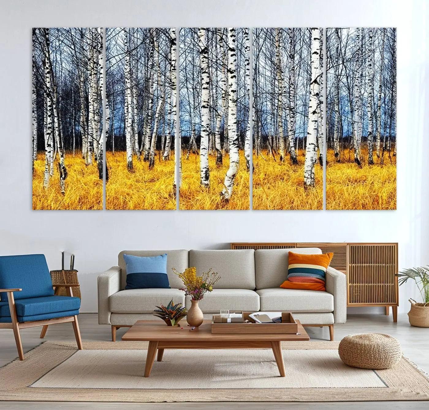 73699-MGV-CV-36X24-Birch Trees Wall Art Print, Wall Art Landscape Canvas Print Leafless Trees on Yellow Ground