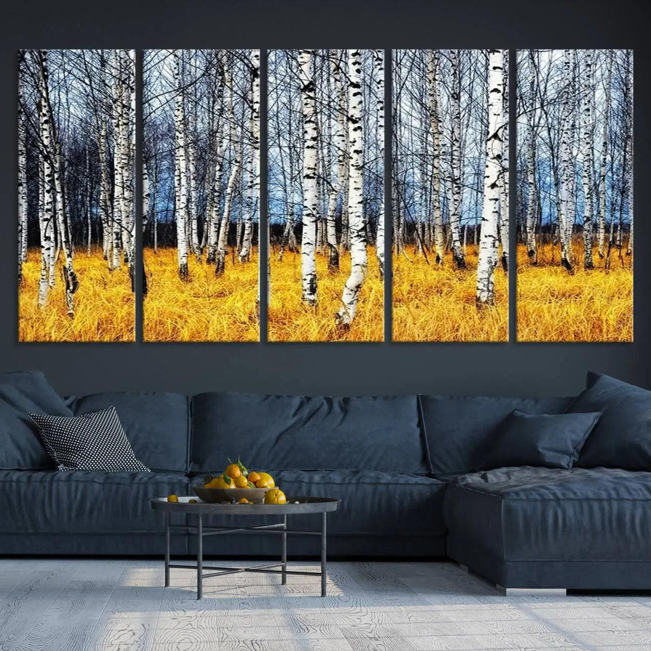 -Birch Trees Wall Art Print, Wall Art Landscape Canvas Print Leafless Trees on Yellow Ground