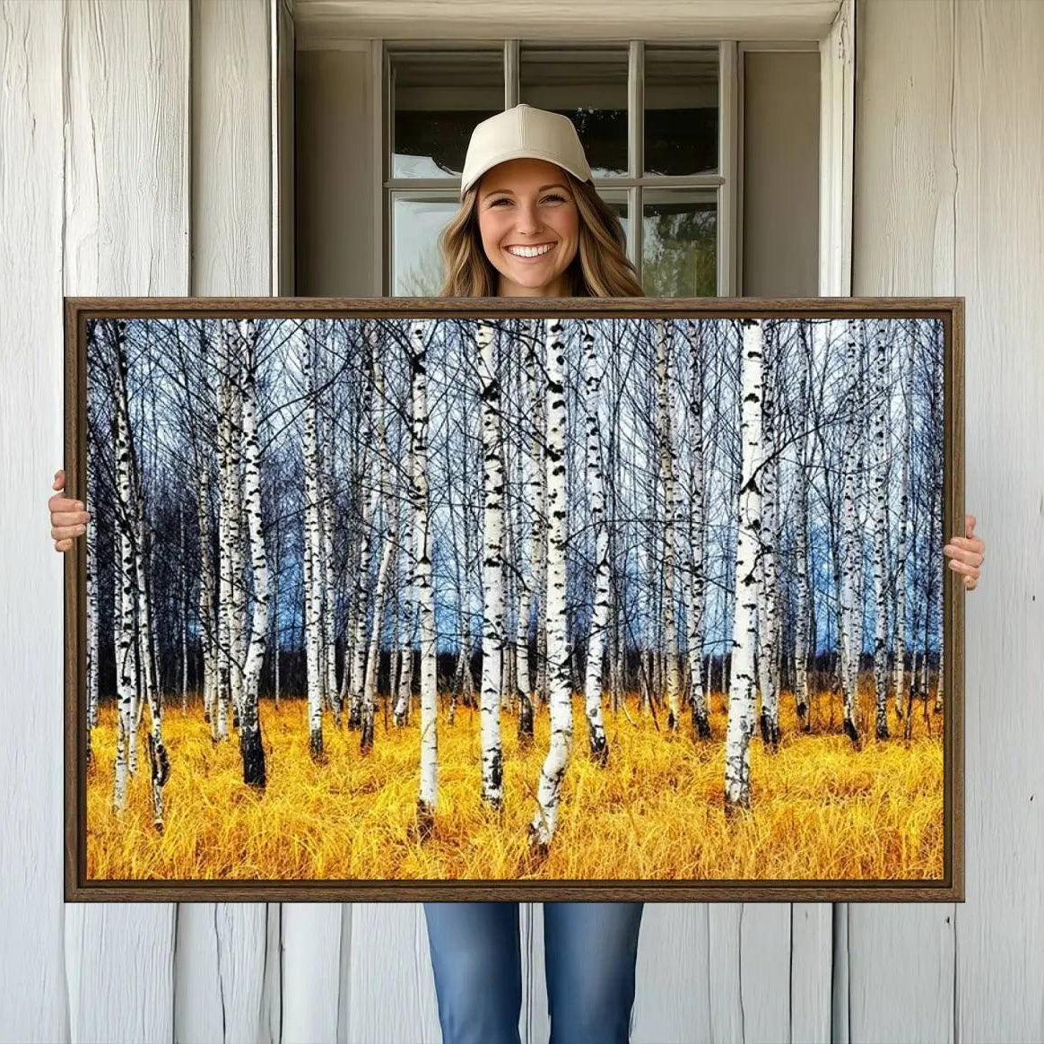-Birch Trees Wall Art Print, Wall Art Landscape Canvas Print Leafless Trees on Yellow Ground