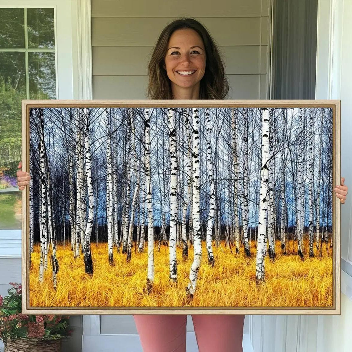 -Birch Trees Wall Art Print, Wall Art Landscape Canvas Print Leafless Trees on Yellow Ground