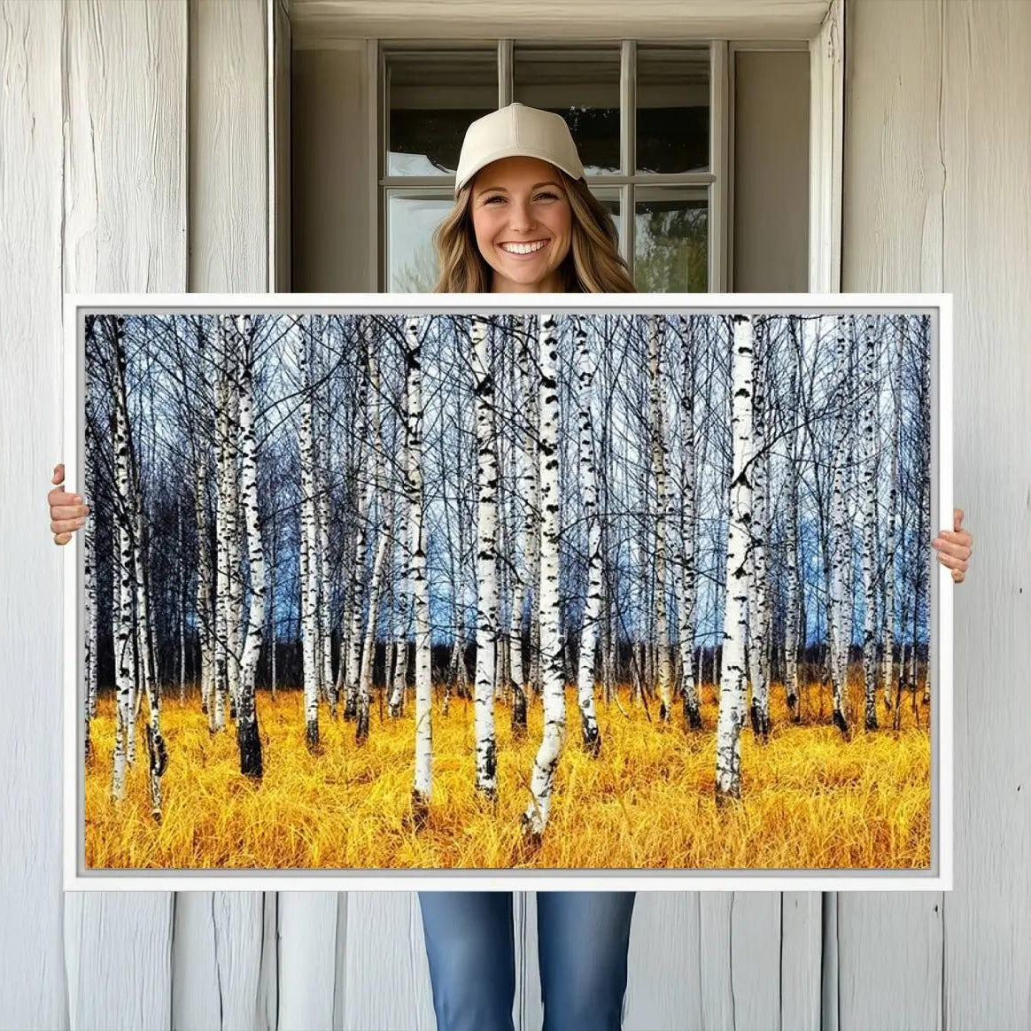 -Birch Trees Wall Art Print, Wall Art Landscape Canvas Print Leafless Trees on Yellow Ground