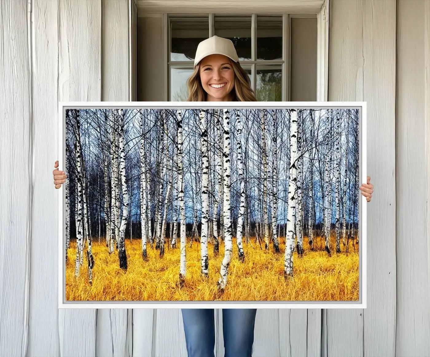73699-MGV-CV-36X24-Birch Trees Wall Art Print, Wall Art Landscape Canvas Print Leafless Trees on Yellow Ground