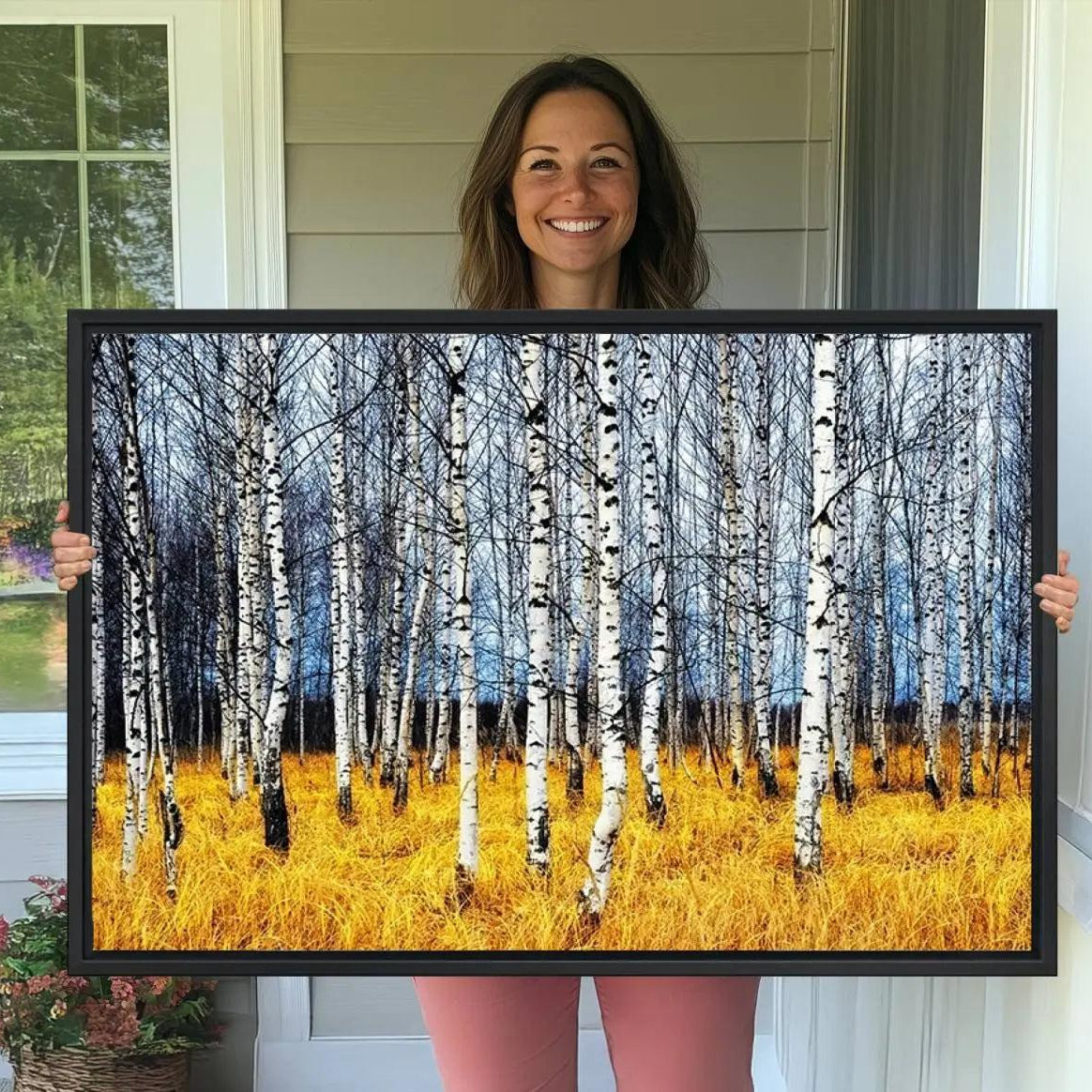 -Birch Trees Wall Art Print, Wall Art Landscape Canvas Print Leafless Trees on Yellow Ground