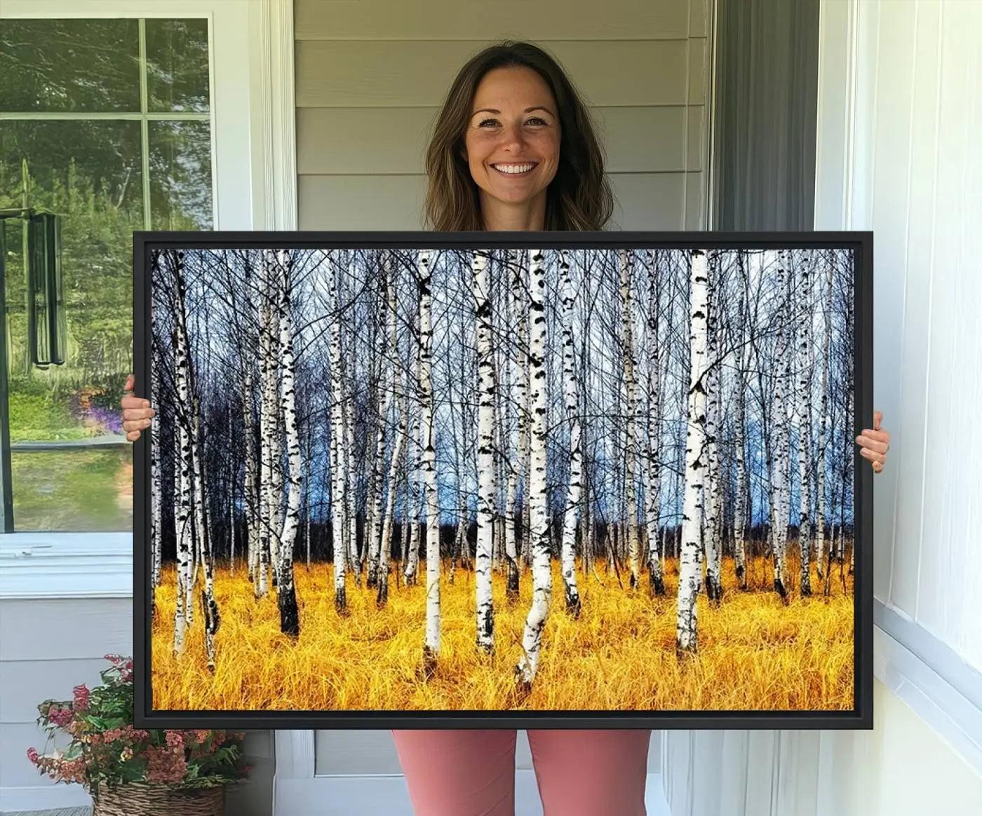 73699-MGV-CV-36X24-Birch Trees Wall Art Print, Wall Art Landscape Canvas Print Leafless Trees on Yellow Ground