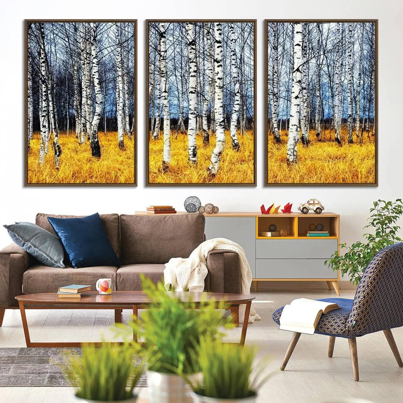 -Birch Trees Wall Art Print, Wall Art Landscape Canvas Print Leafless Trees on Yellow Ground