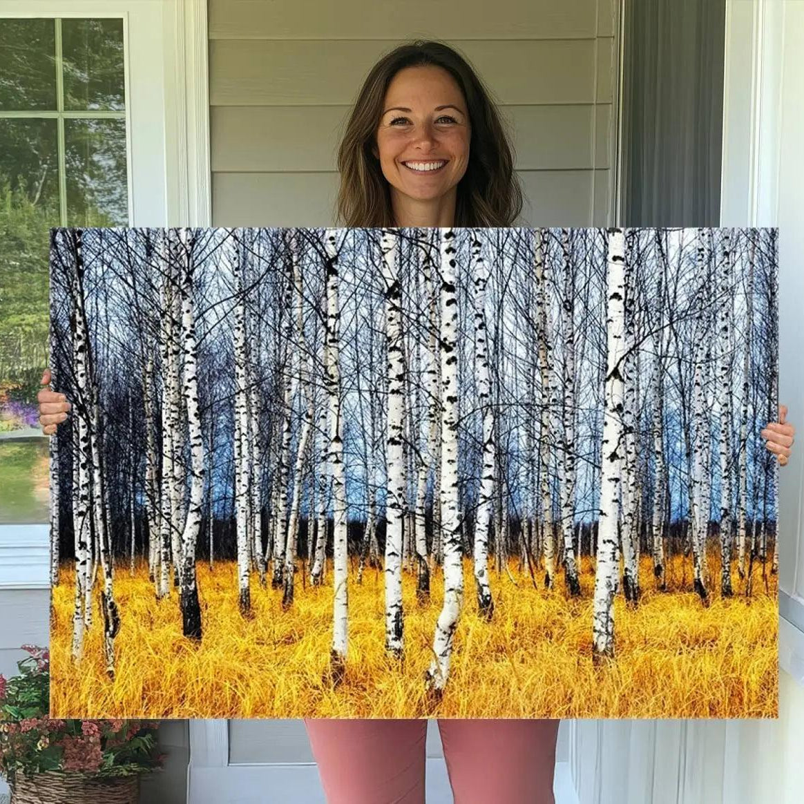 -Birch Trees Wall Art Print, Wall Art Landscape Canvas Print Leafless Trees on Yellow Ground