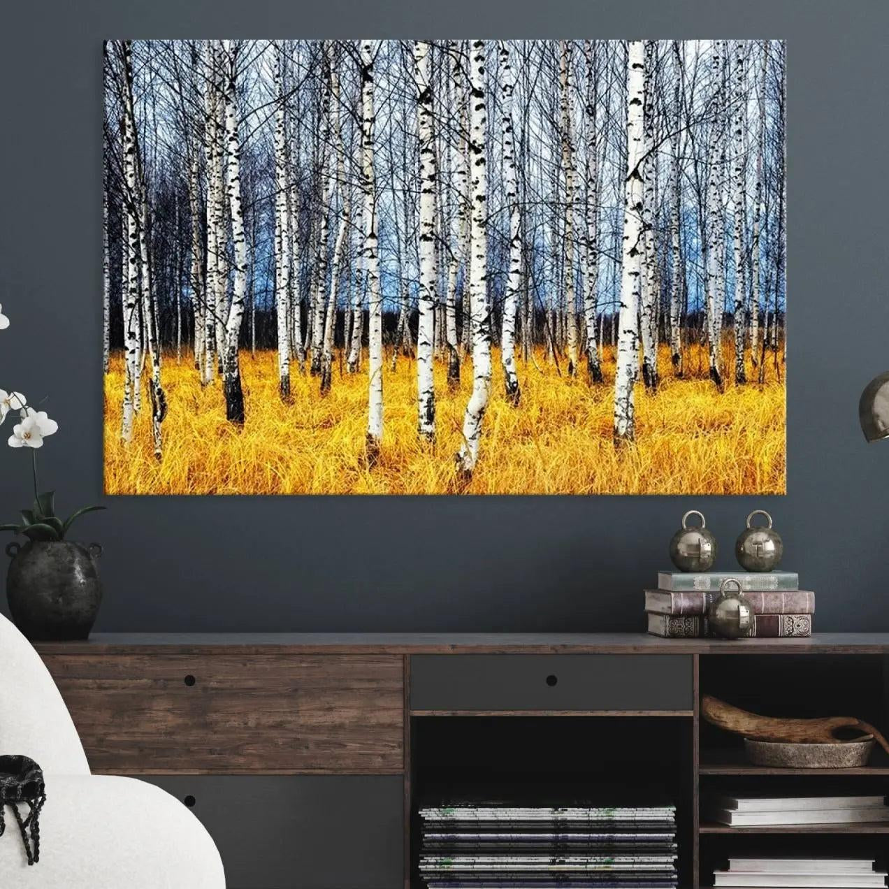-Birch Trees Wall Art Print, Wall Art Landscape Canvas Print Leafless Trees on Yellow Ground