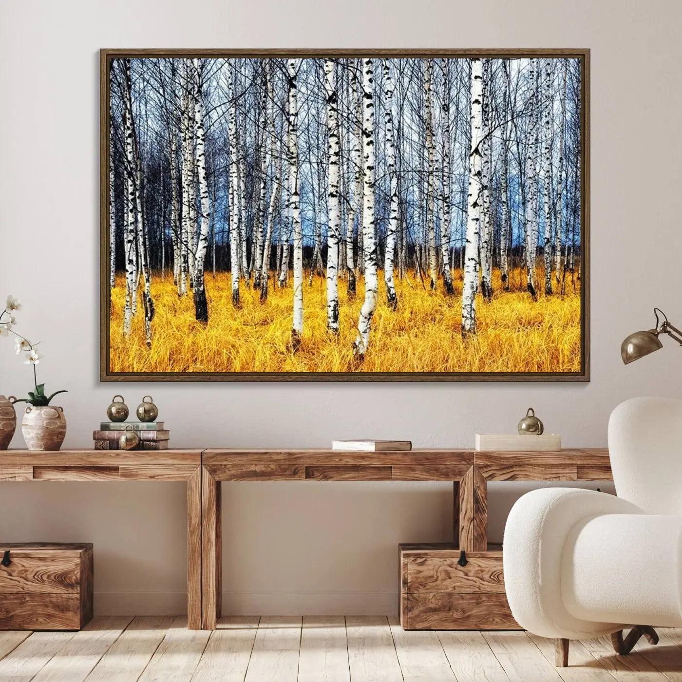 73699-MGV-FC-36X24_Walnut-Birch Trees Wall Art Print, Wall Art Landscape Canvas Print Leafless Trees on Yellow Ground