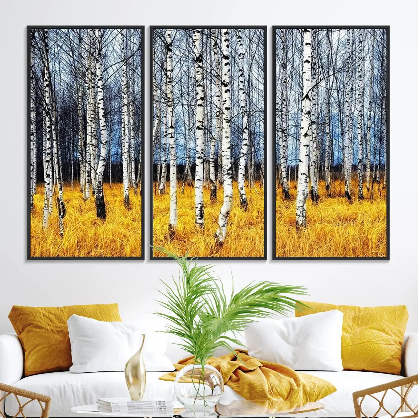 73699-MGV-FC-48X32-3P_Black-Birch Trees Wall Art Print, Wall Art Landscape Canvas Print Leafless Trees on Yellow Ground