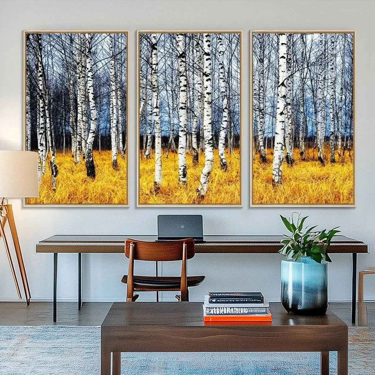 73699-MGV-FC-48X32-3P_Natural-Birch Trees Wall Art Print, Wall Art Landscape Canvas Print Leafless Trees on Yellow Ground