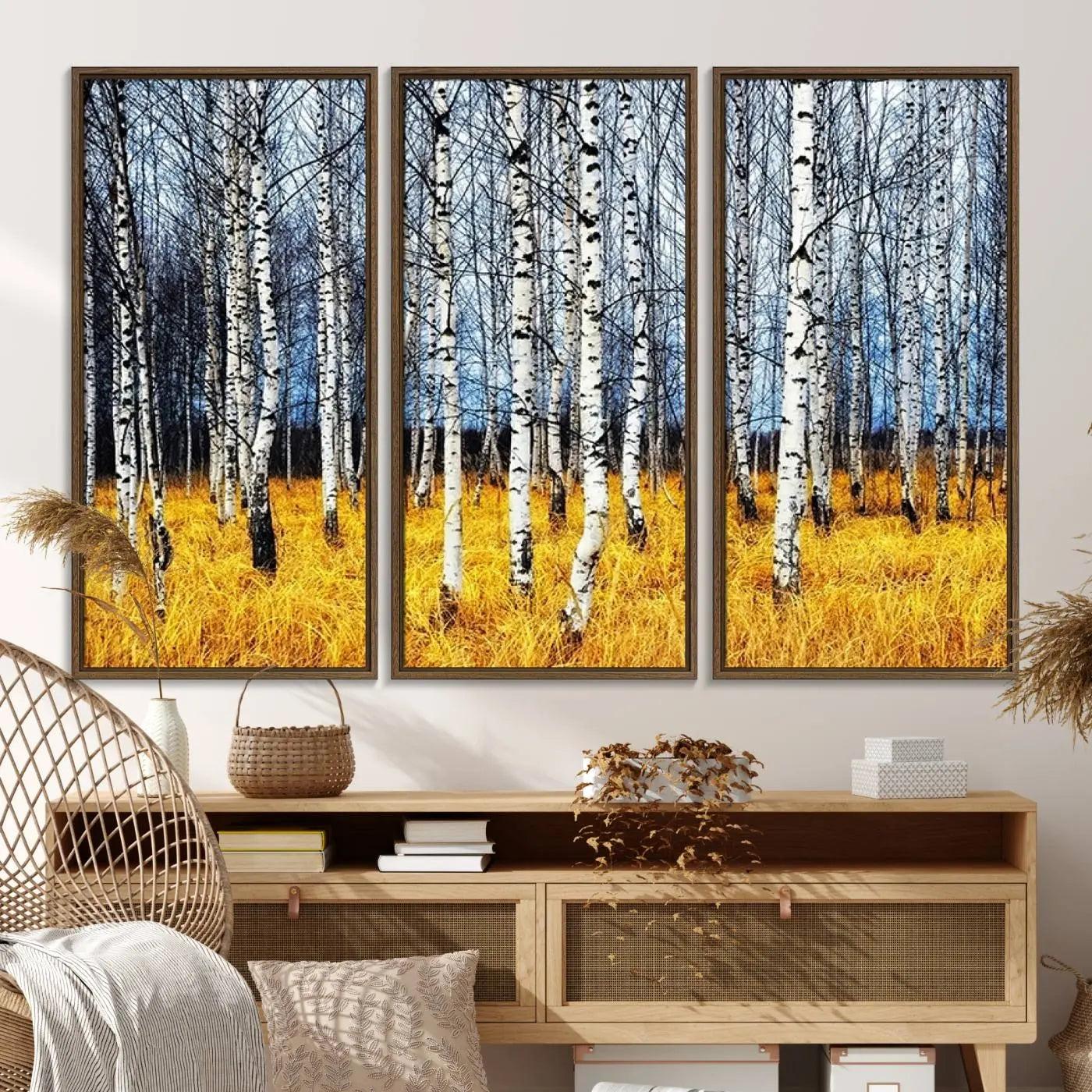 73699-MGV-FC-48X32-3P_Walnut-Birch Trees Wall Art Print, Wall Art Landscape Canvas Print Leafless Trees on Yellow Ground