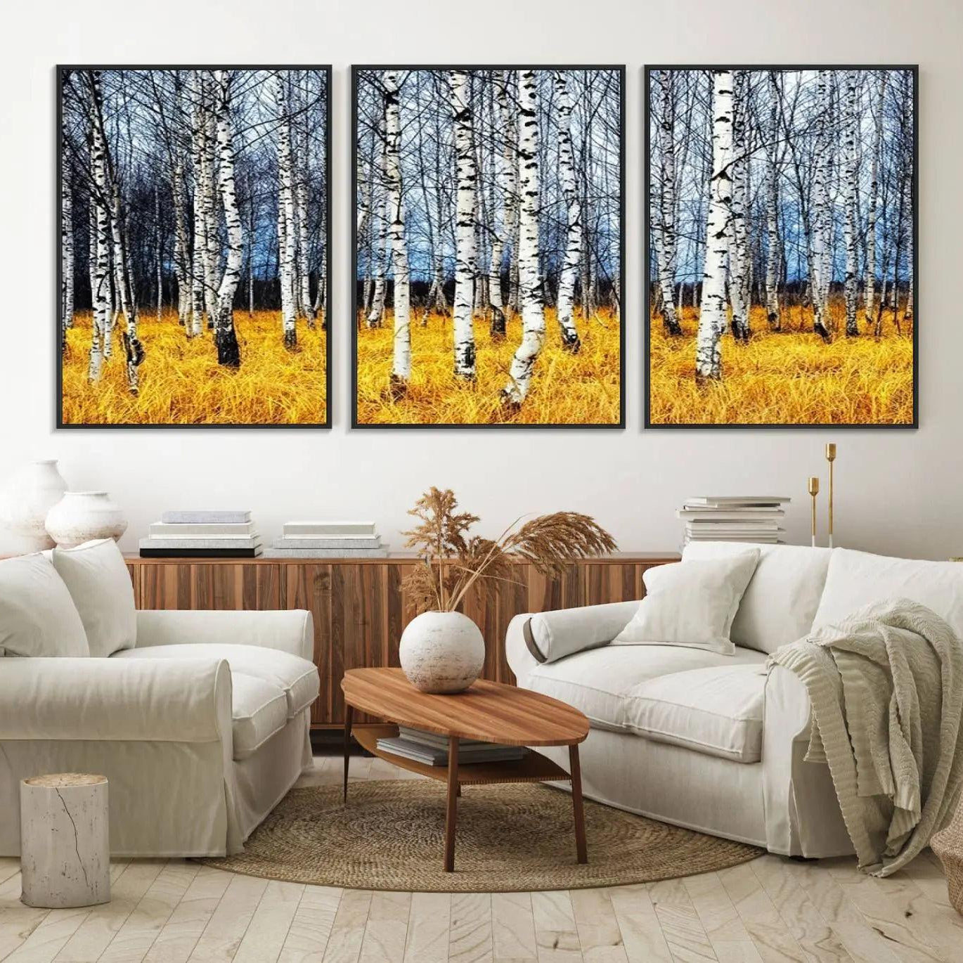 73699-MGV-FC-60X30-3P_Black-Birch Trees Wall Art Print, Wall Art Landscape Canvas Print Leafless Trees on Yellow Ground