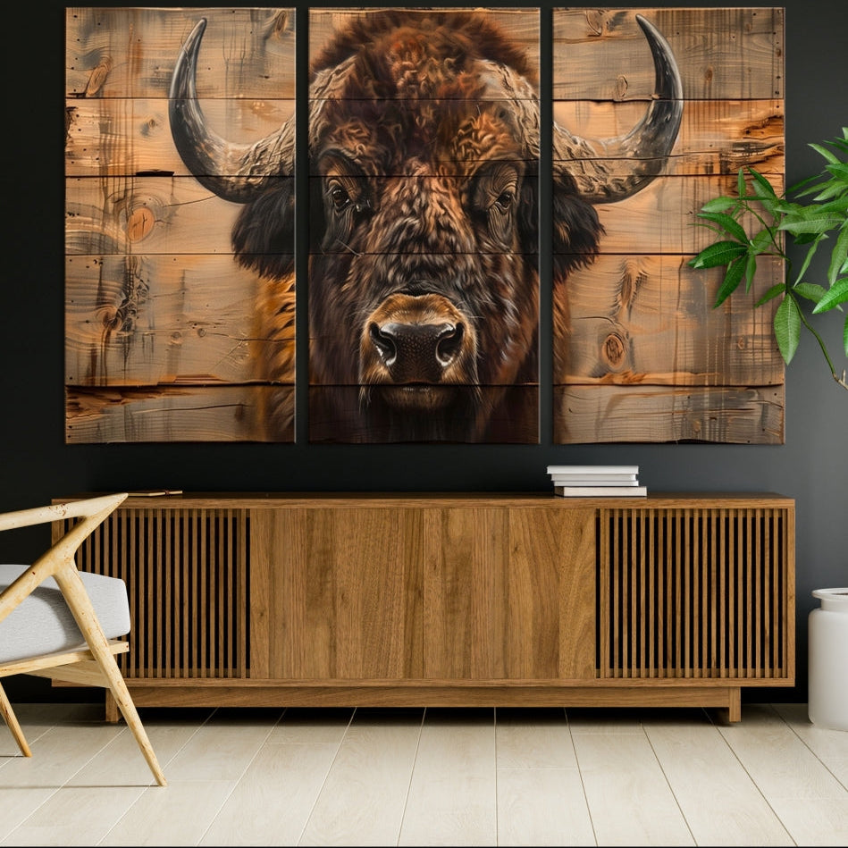Edit-Images-Bison on Wood Background Canvas Wall Art, American Buffalo Print