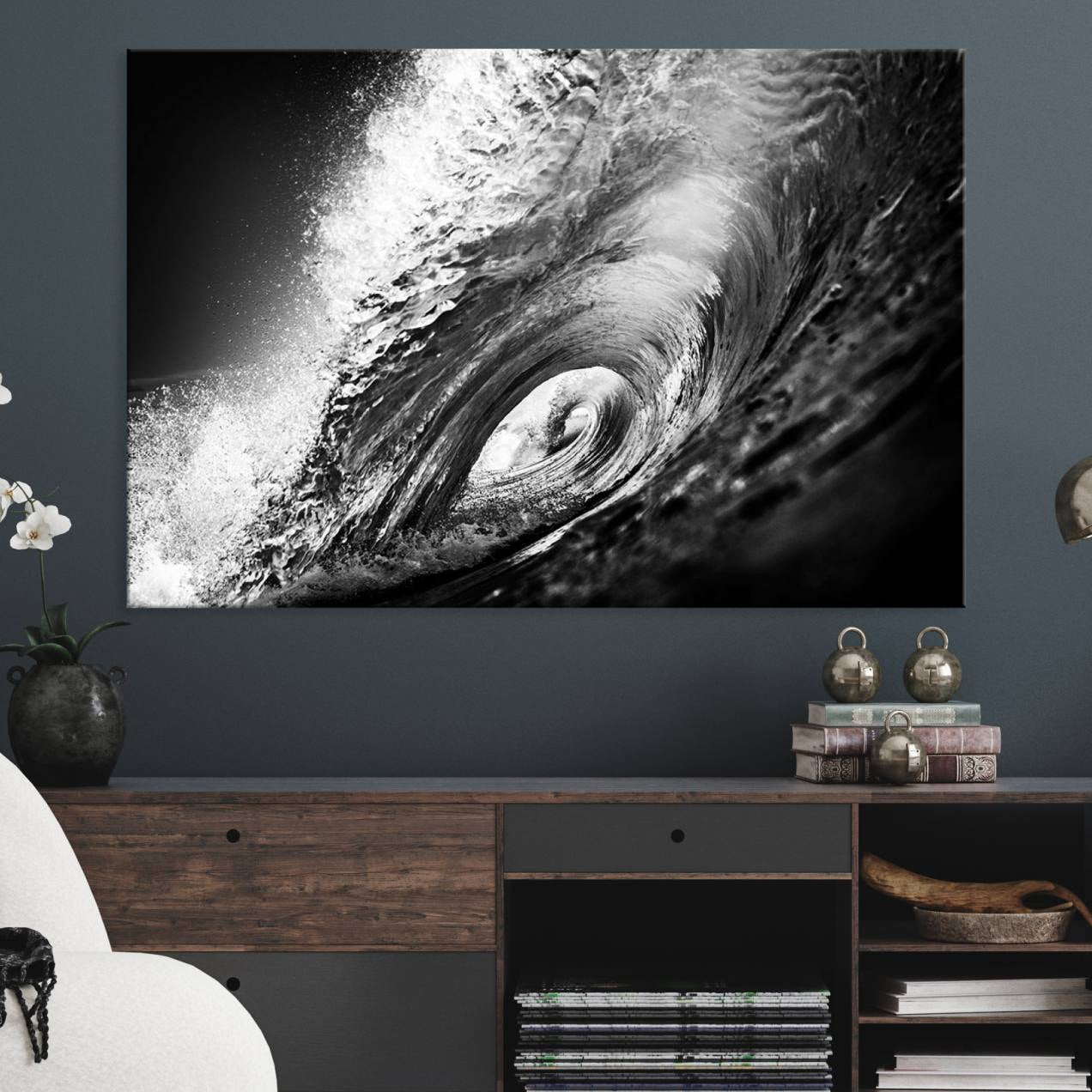 22702-MGV-CV-36X24-Black Ocean Wave at Sunset Canvas Art, Large Wall Print of Vibrant Water Waves, Black Ocean Wave