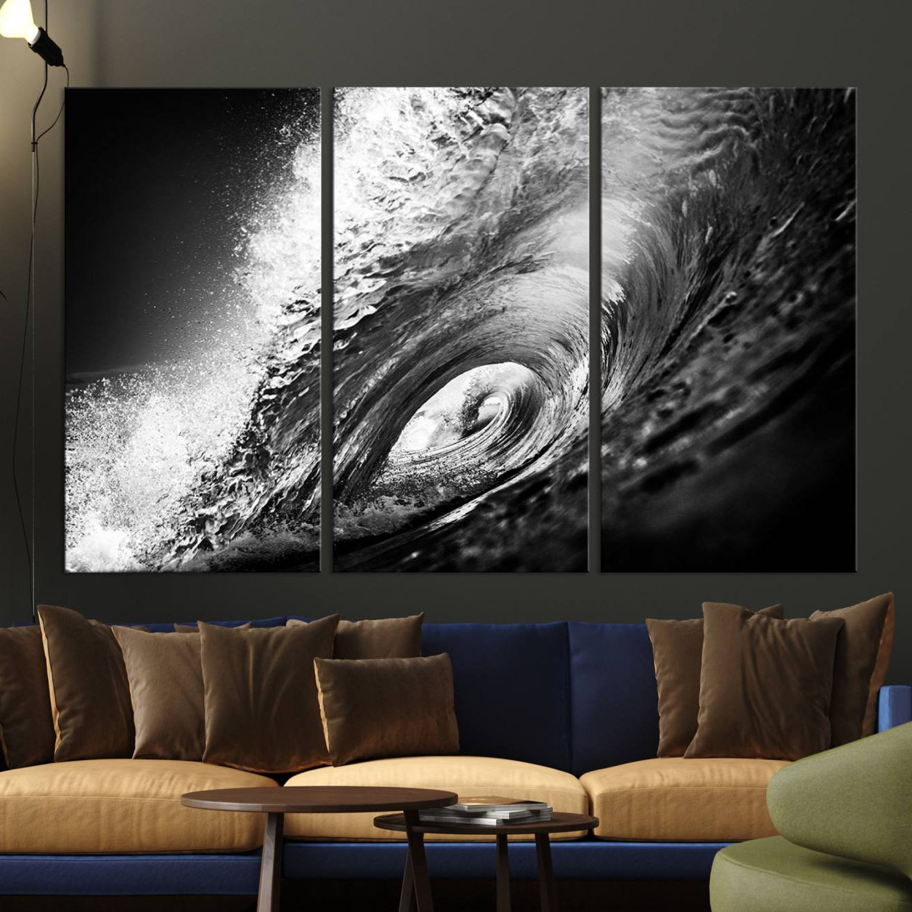 -Black Ocean Wave at Sunset Canvas Art, Large Wall Print of Vibrant Water Waves, Black Ocean Wave