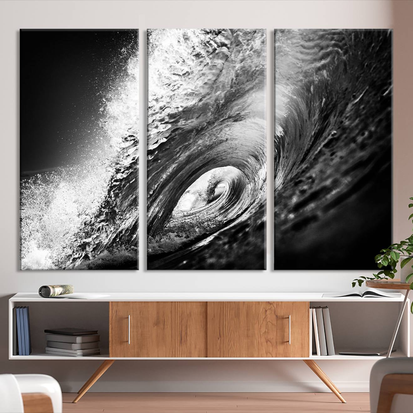 -Black Ocean Wave at Sunset Canvas Art, Large Wall Print of Vibrant Water Waves, Black Ocean Wave