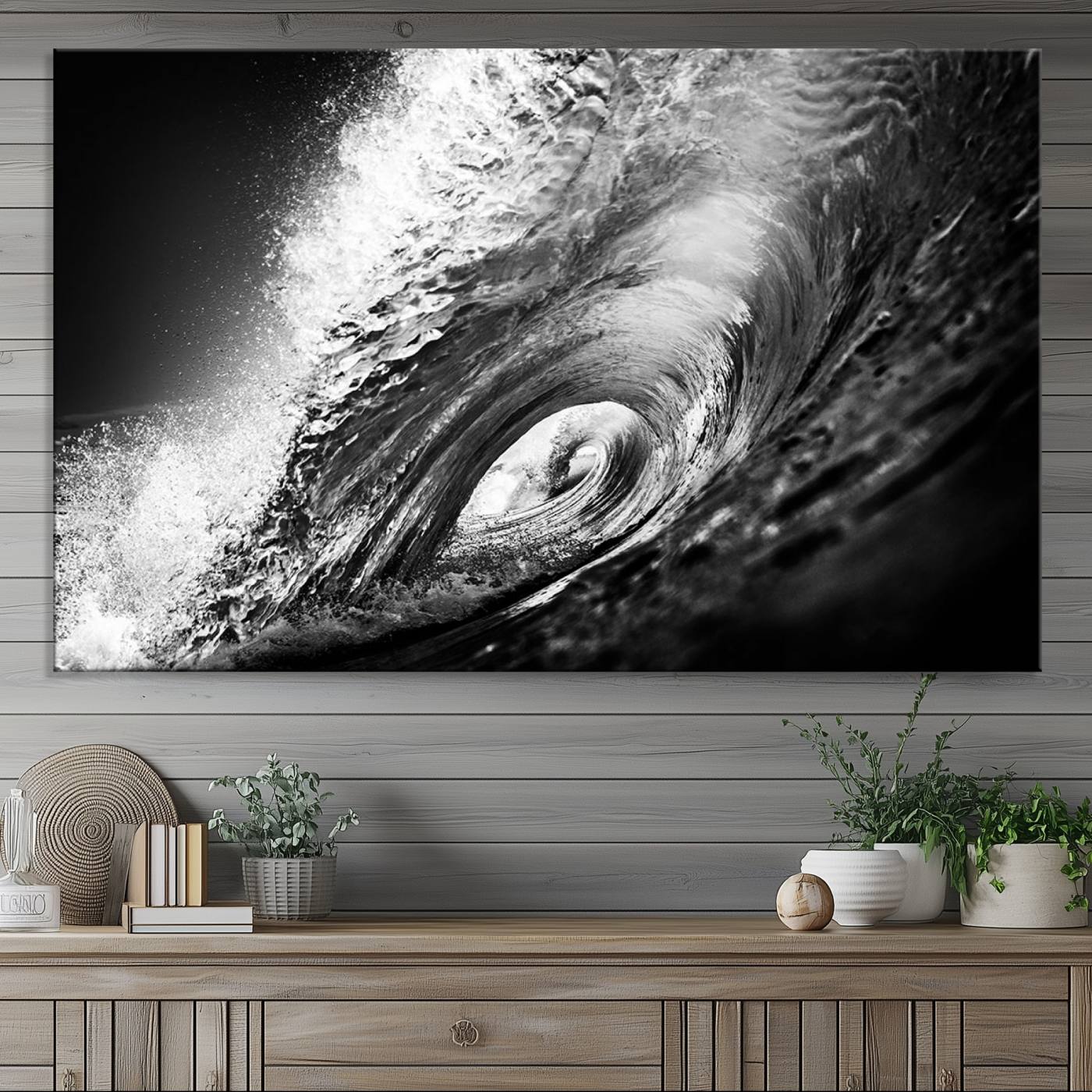 22702-MGV-CV-36X24-Black Ocean Wave at Sunset Canvas Art, Large Wall Print of Vibrant Water Waves, Black Ocean Wave