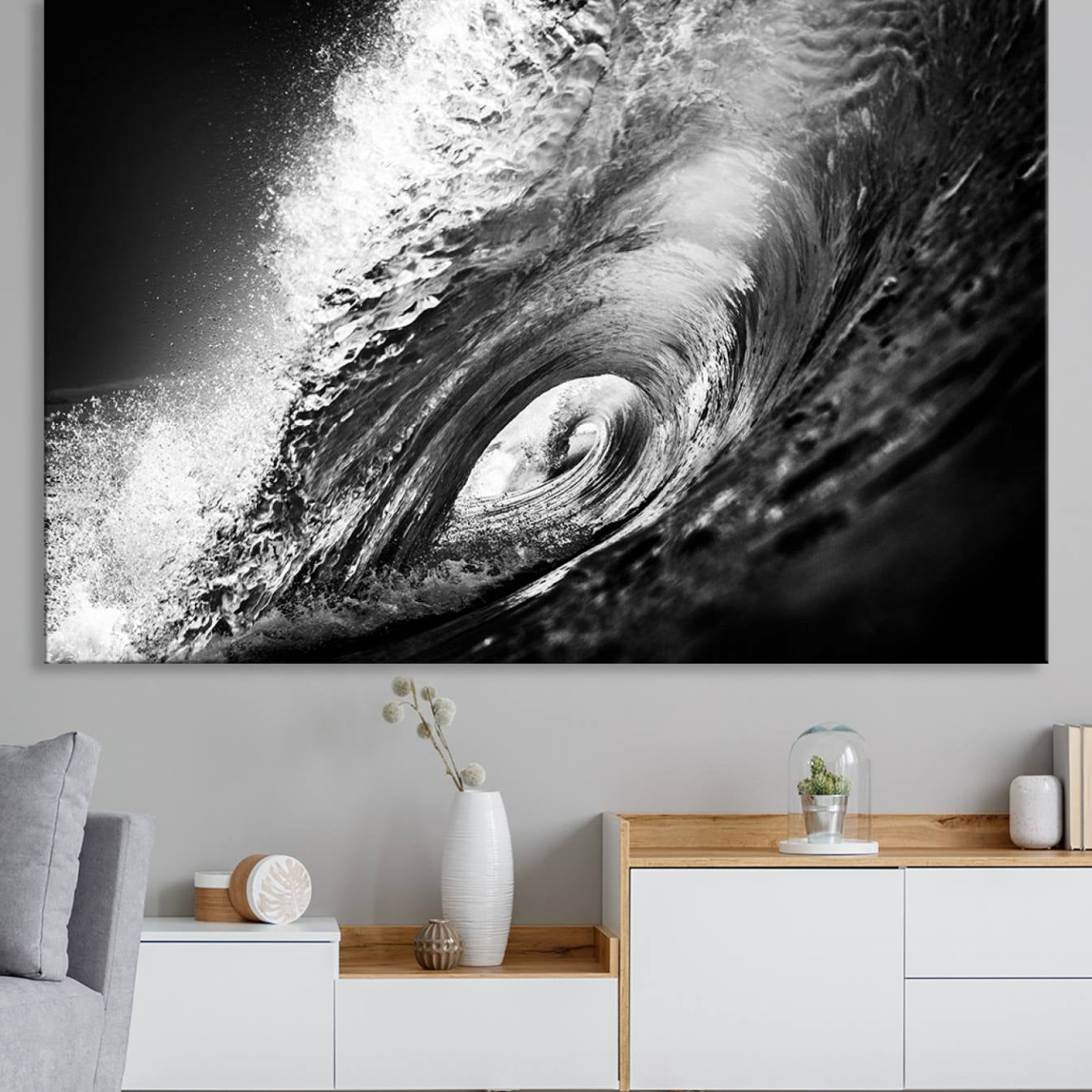 -Black Ocean Wave at Sunset Canvas Art, Large Wall Print of Vibrant Water Waves, Black Ocean Wave