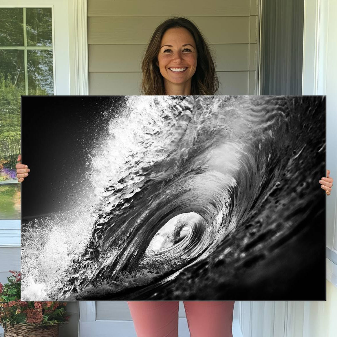 22702-MGV-CV-36X24-Black Ocean Wave at Sunset Canvas Art, Large Wall Print of Vibrant Water Waves, Black Ocean Wave