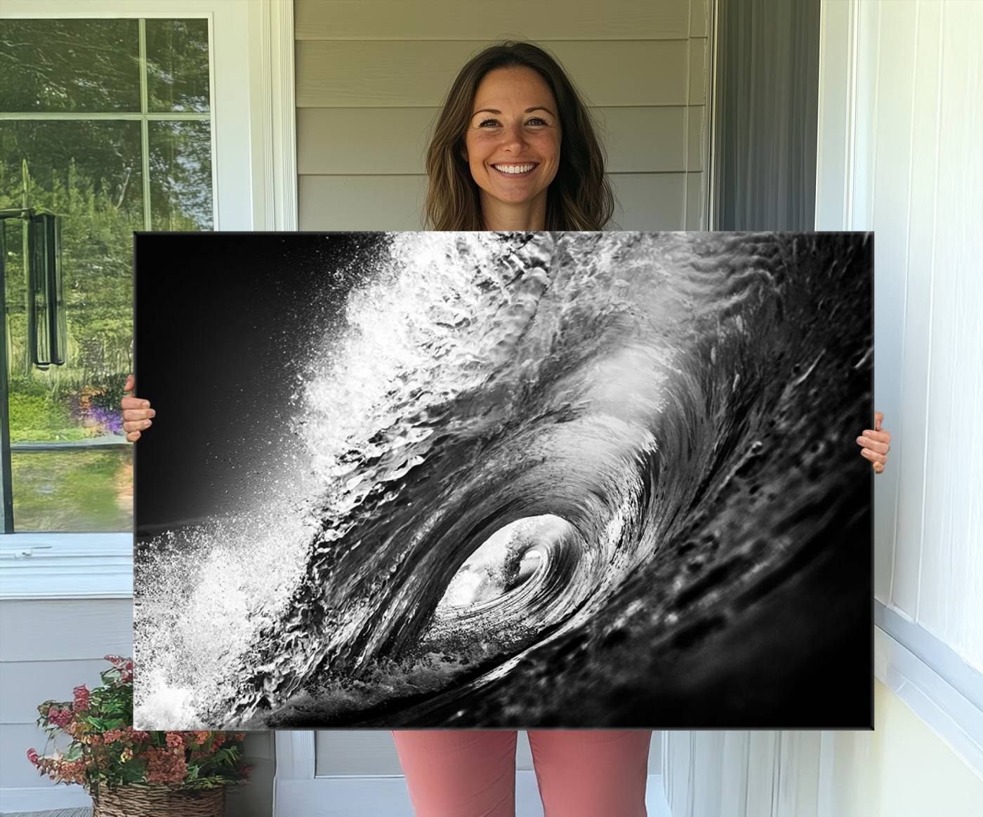 22702-MGV-CV-36X24-Black Ocean Wave at Sunset Canvas Art, Large Wall Print of Vibrant Water Waves, Black Ocean Wave