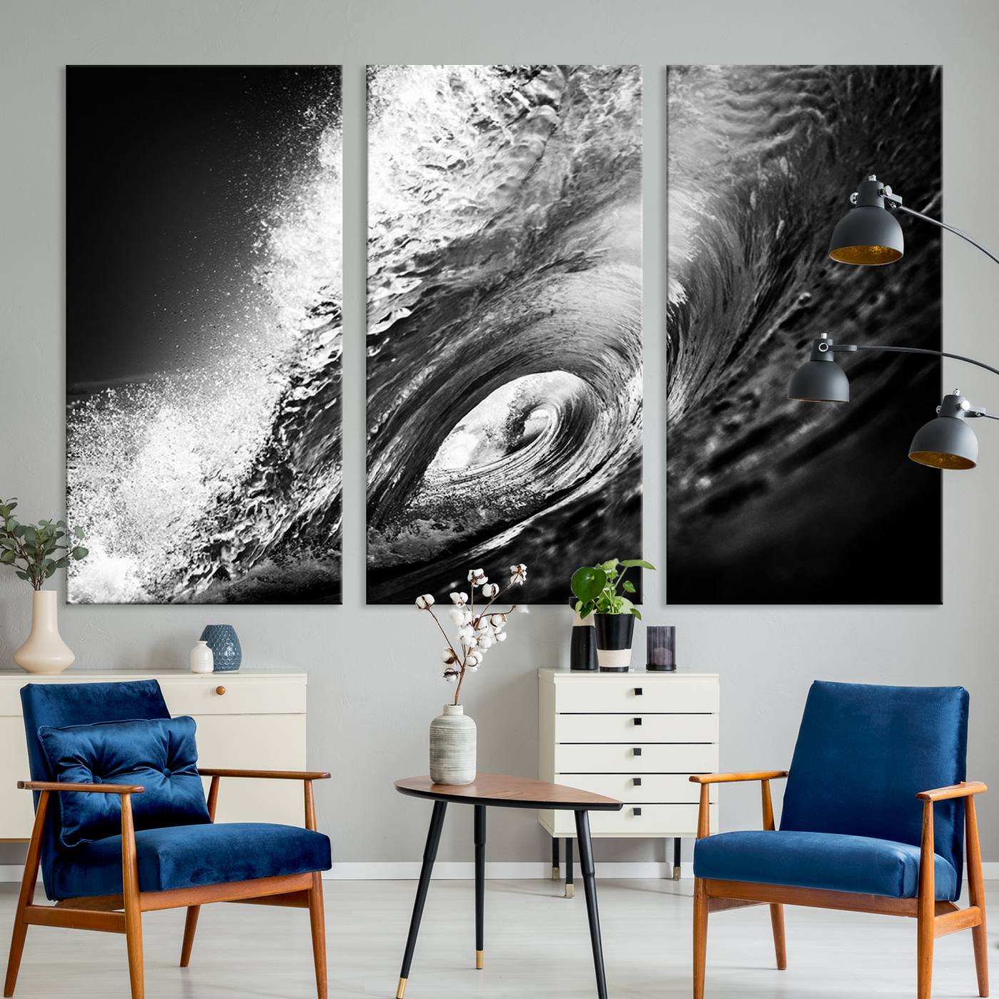 22702-MGV-CV-48X32-3P-Black Ocean Wave at Sunset Canvas Art, Large Wall Print of Vibrant Water Waves, Black Ocean Wave