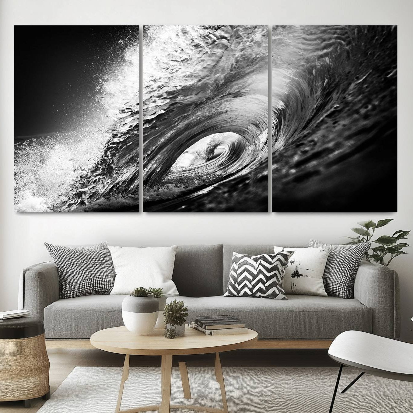 22702-MGV-CV-60X30-3P-Black Ocean Wave at Sunset Canvas Art, Large Wall Print of Vibrant Water Waves, Black Ocean Wave