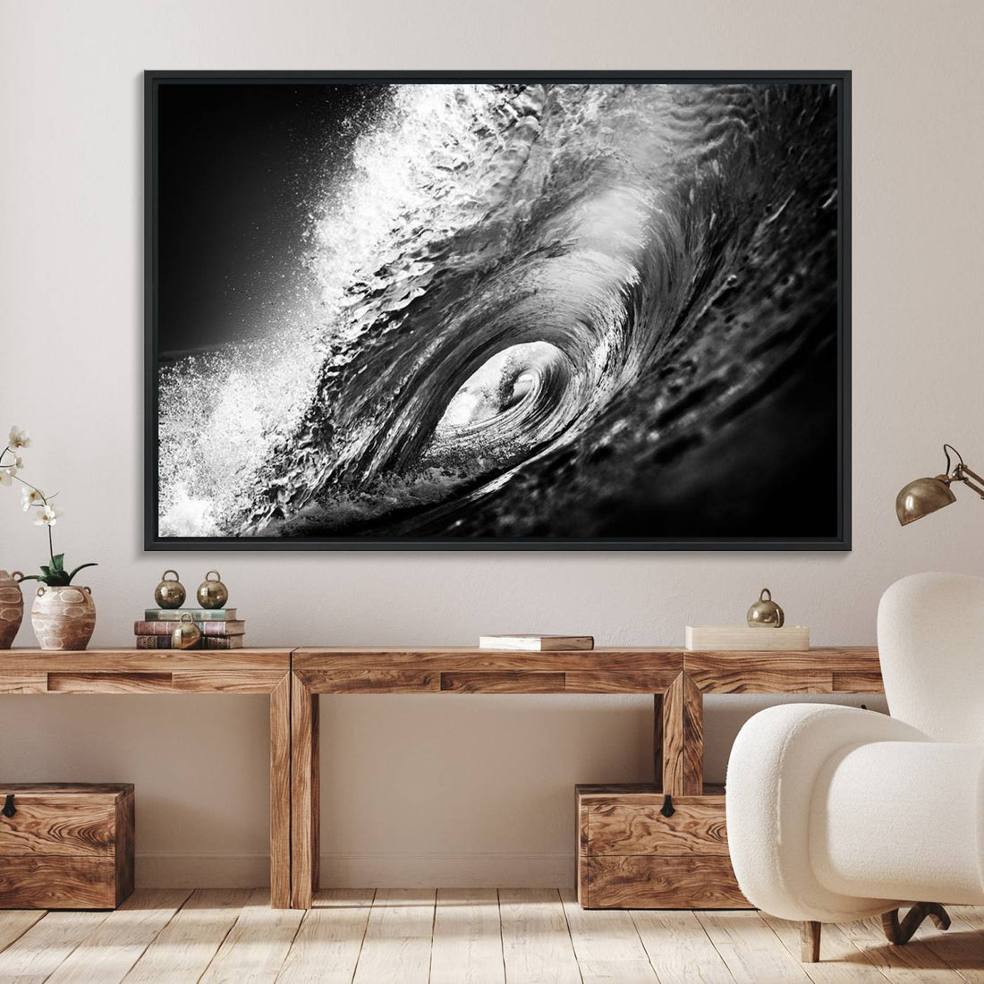 Black Ocean Wave at Sunset Canvas Art, Large Wall Print of Vibrant Water Waves