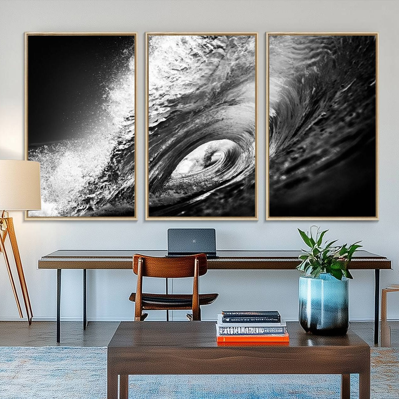 22702-MGV-FC-48X32-3P_Natural-Black Ocean Wave at Sunset Canvas Art, Large Wall Print of Vibrant Water Waves, Black Ocean Wave
