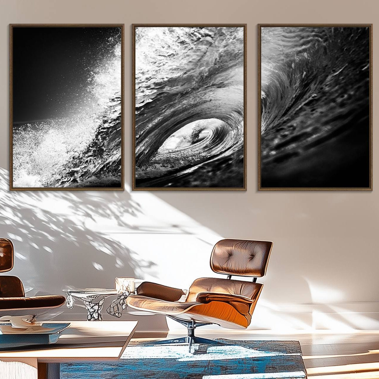 22702-MGV-FC-60X30-3P_Walnut-Black Ocean Wave at Sunset Canvas Art, Large Wall Print of Vibrant Water Waves, Black Ocean Wave