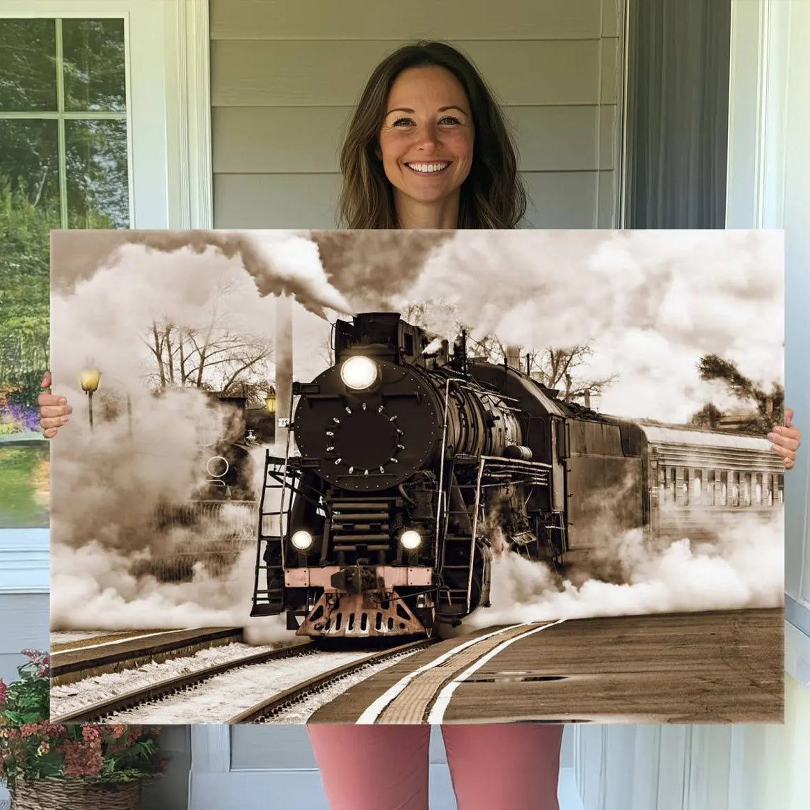 31136-MGV-CV-36X24-Black Steam Train Canvas Wall Art Print Steam Locomotive Art Canvas