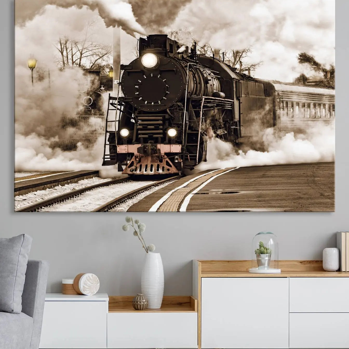 31136-MGV-CV-36X24-Black Steam Train Canvas Wall Art Print Steam Locomotive Art Canvas