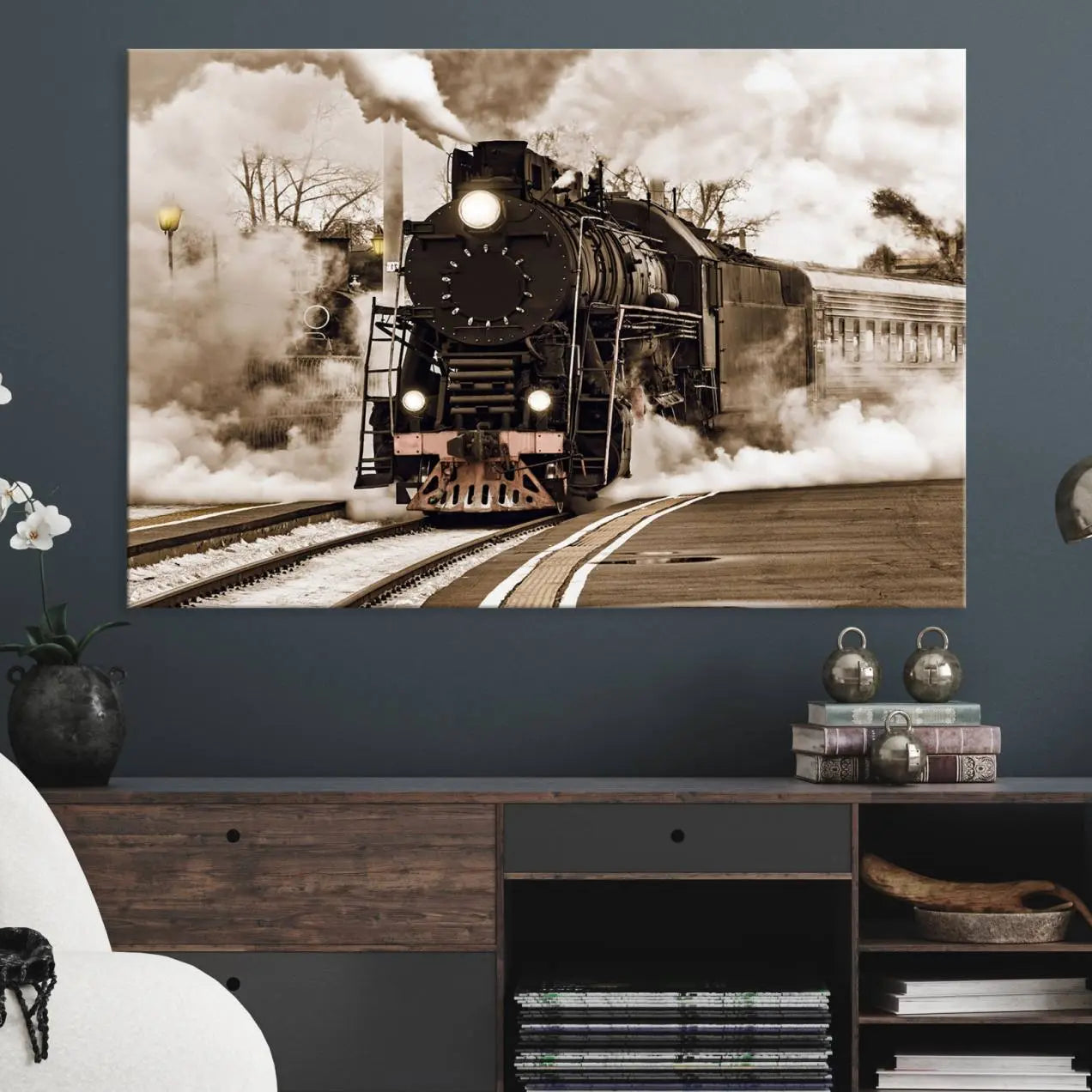31136-MGV-CV-36X24-Black Steam Train Canvas Wall Art Print Steam Locomotive Art Canvas