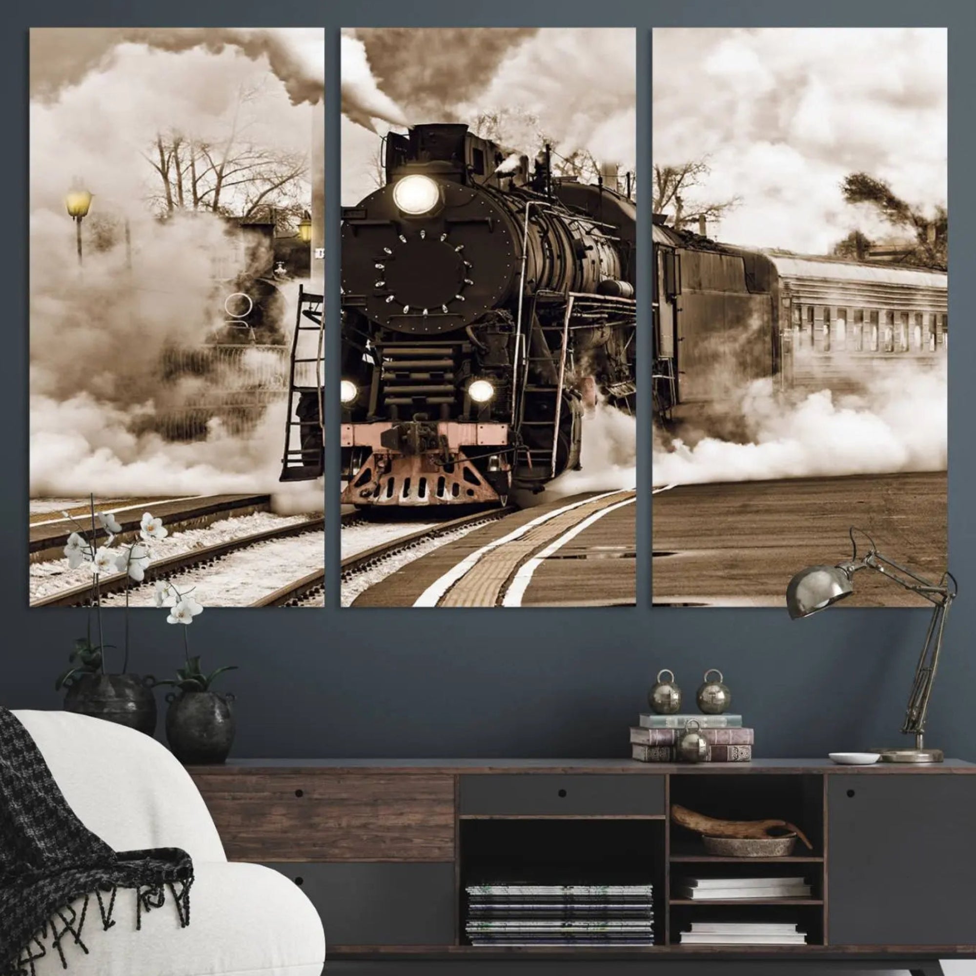 31136-MGV-CV-48X32-3P-Black Steam Train Canvas Wall Art Print Steam Locomotive Art Canvas