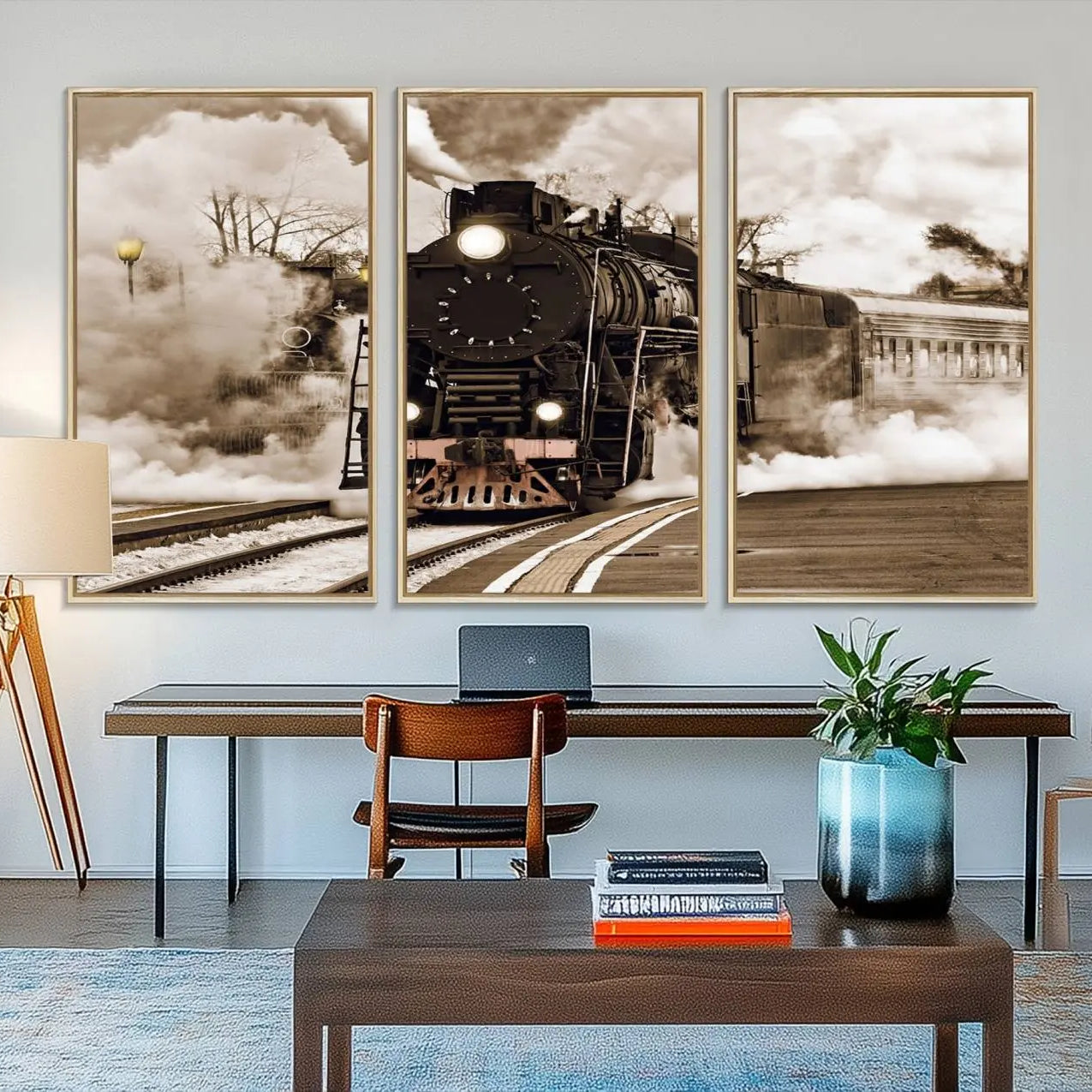 31136-MGV-FC-48X32-3P_Natural-Black Steam Train Canvas Wall Art Print Steam Locomotive Art Canvas