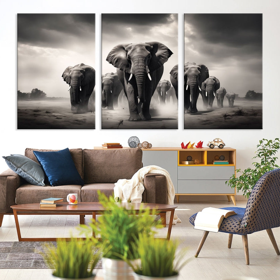 -Black White Elephant Family Wall Art Canvas Print