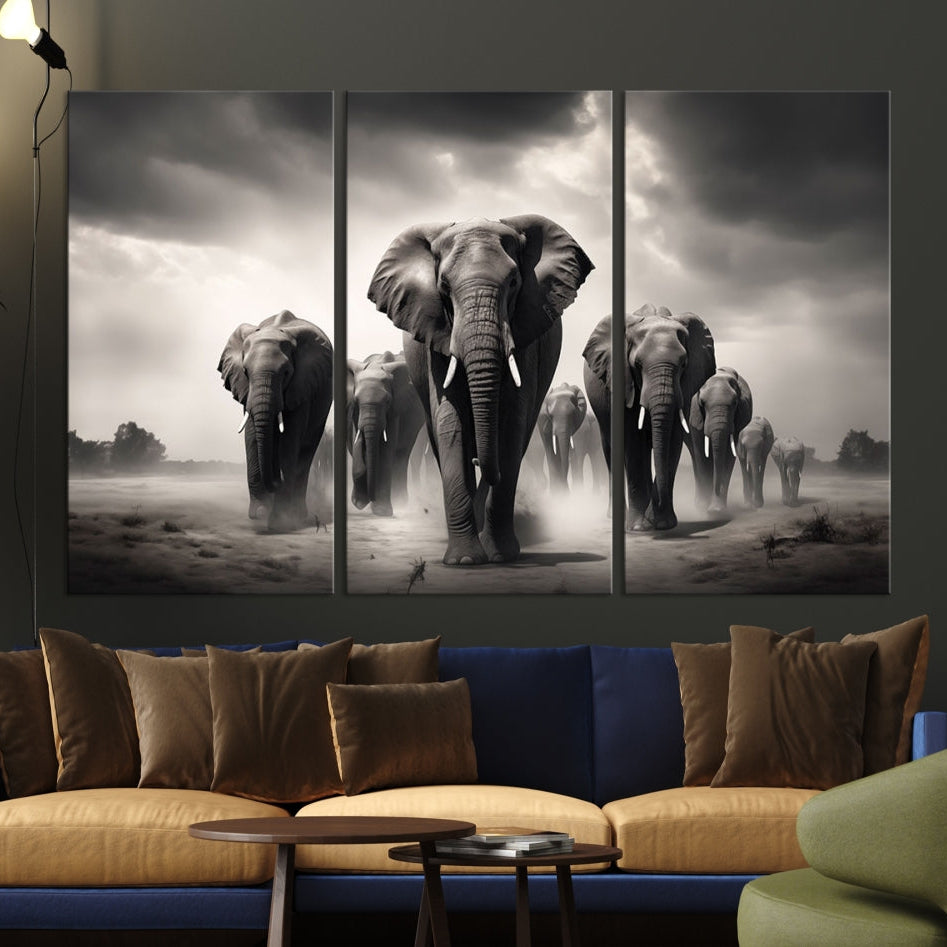 -Black White Elephant Family Wall Art Canvas Print