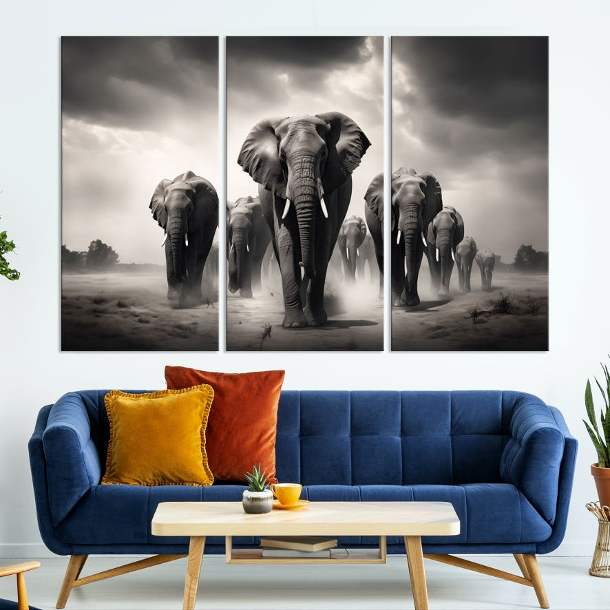 -Black White Elephant Family Wall Art Canvas Print