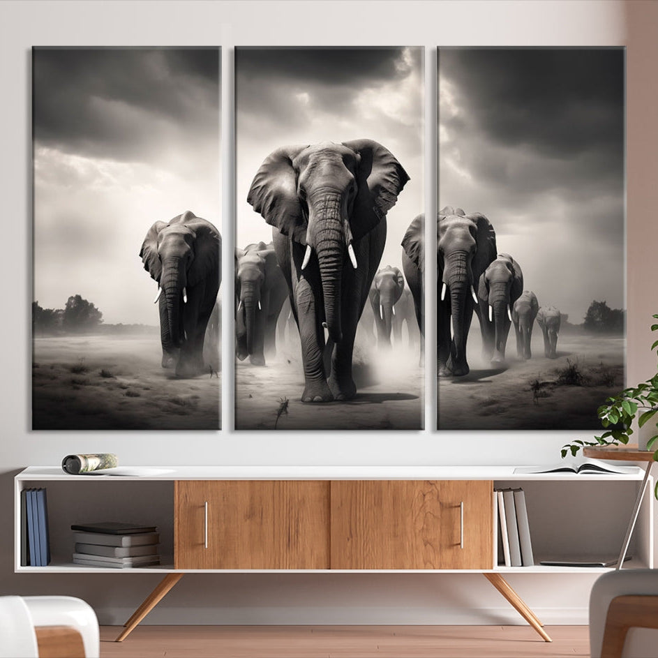 -Black White Elephant Family Wall Art Canvas Print