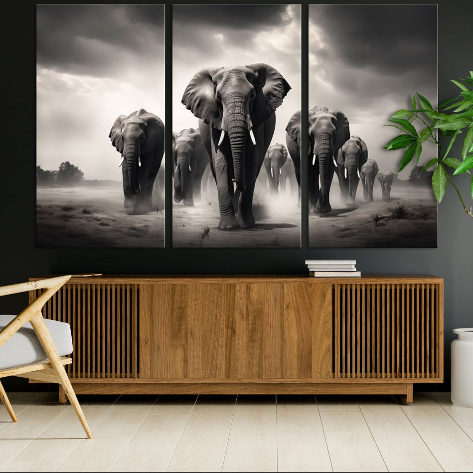 -Black White Elephant Family Wall Art Canvas Print