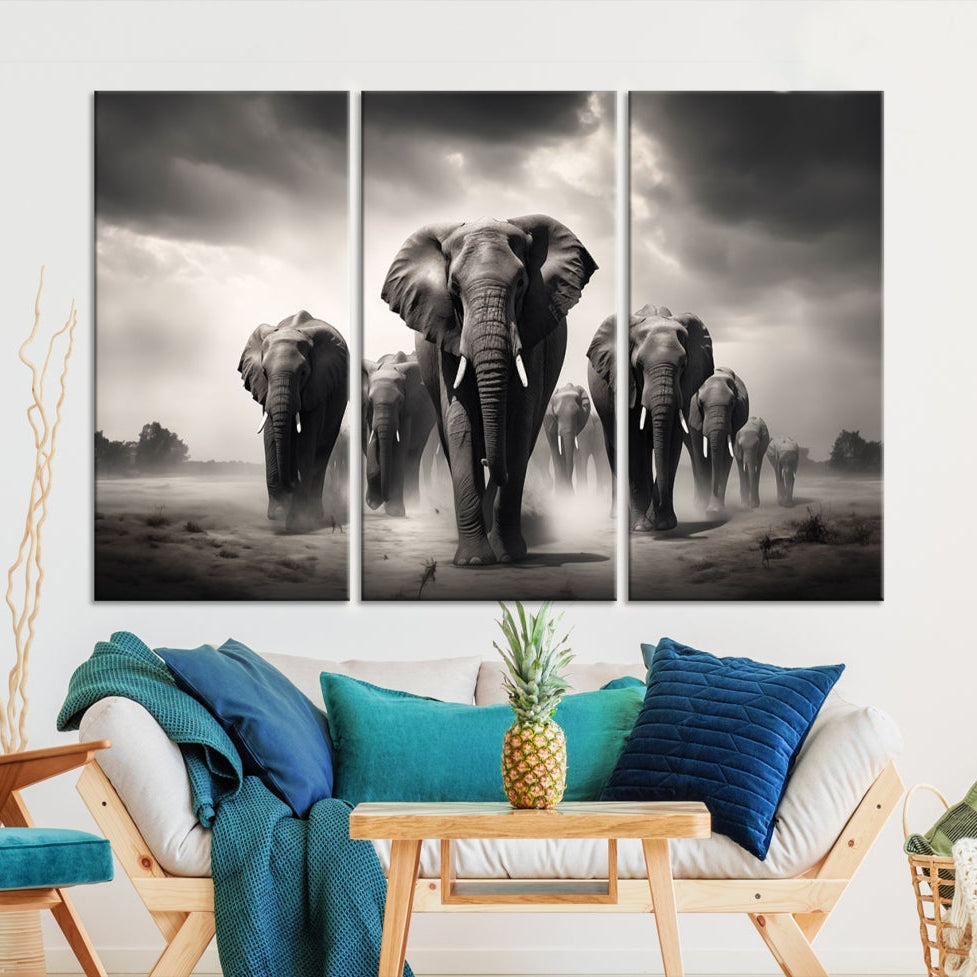 -Black White Elephant Family Wall Art Canvas Print