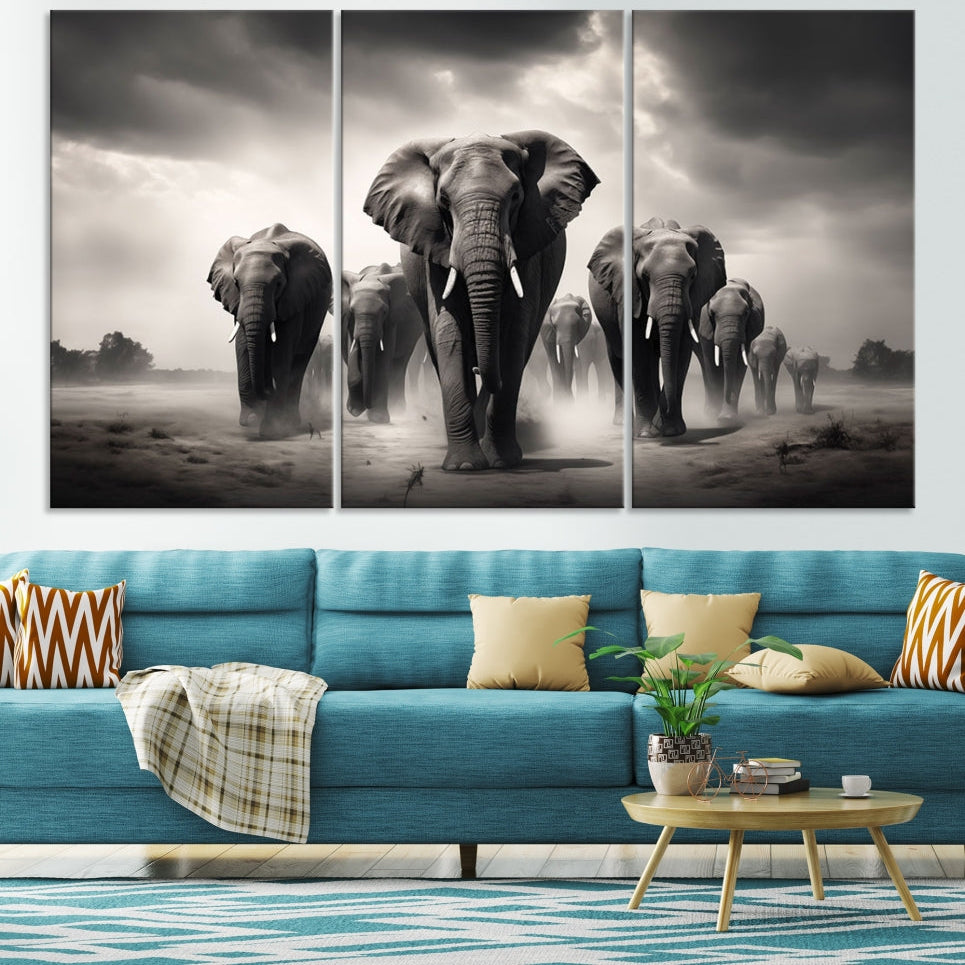 -Black White Elephant Family Wall Art Canvas Print