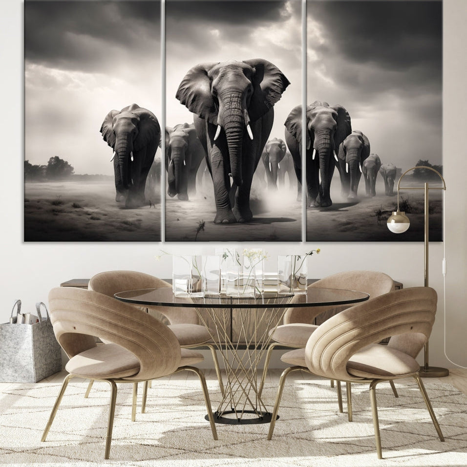 -Black White Elephant Family Wall Art Canvas Print