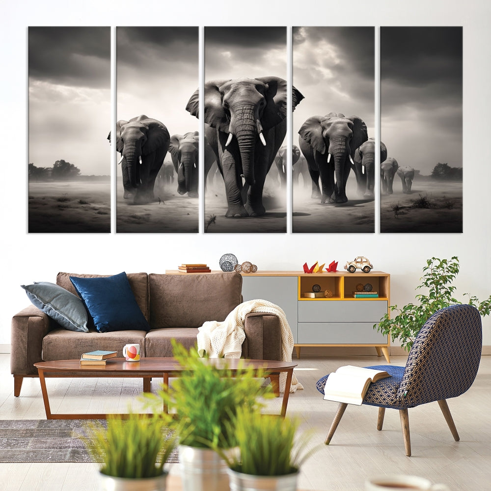 -Black White Elephant Family Wall Art Canvas Print