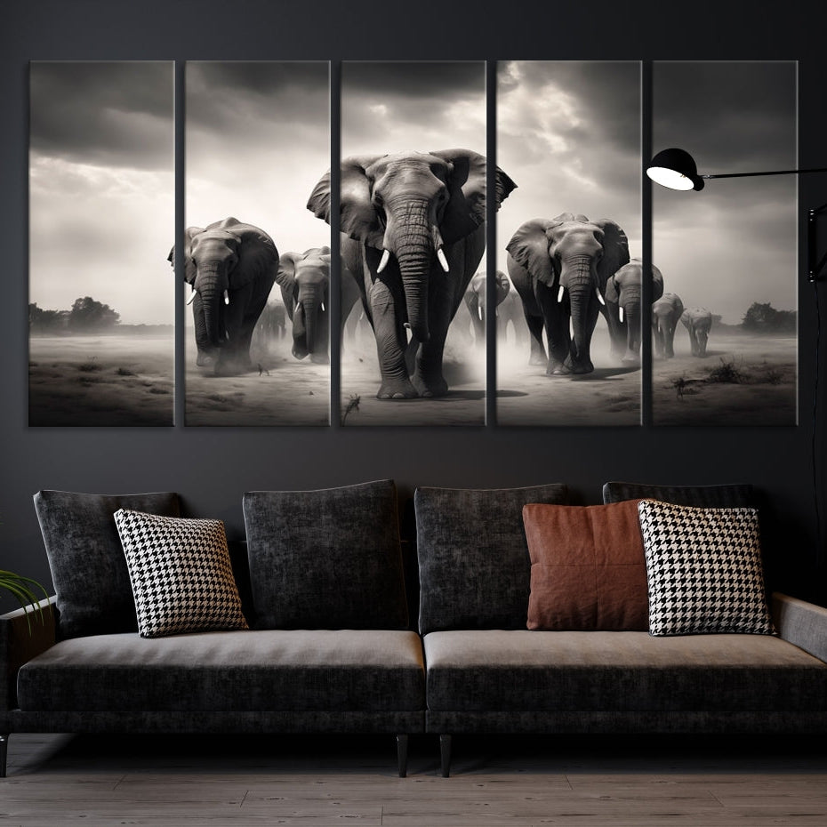 -Black White Elephant Family Wall Art Canvas Print