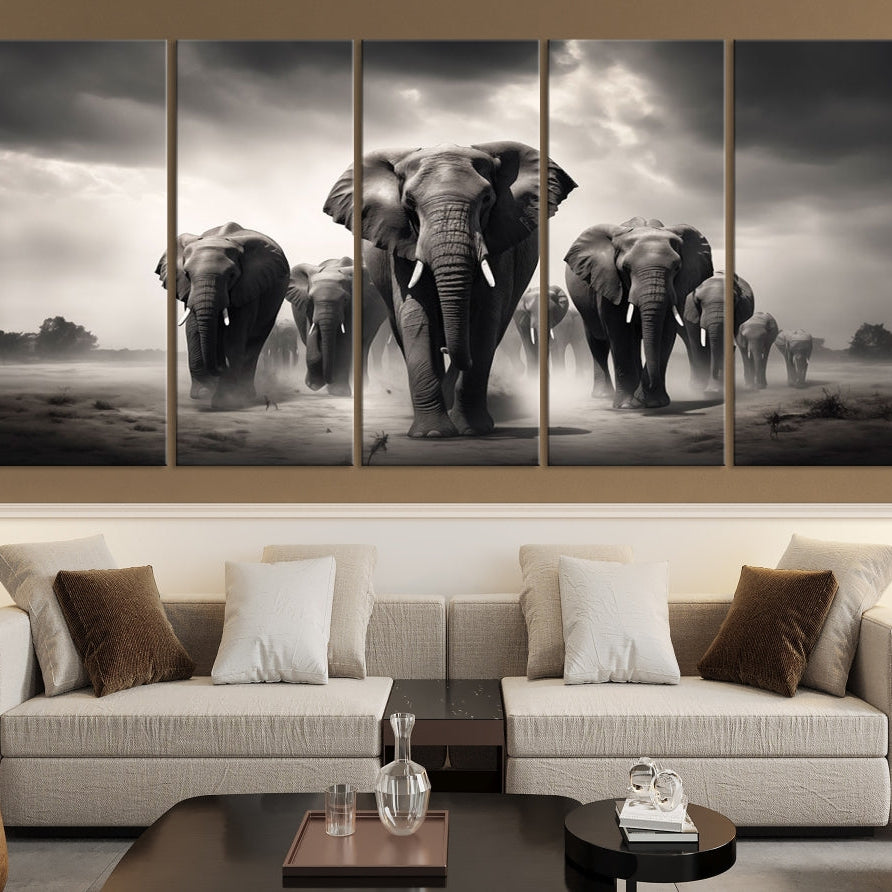 -Black White Elephant Family Wall Art Canvas Print