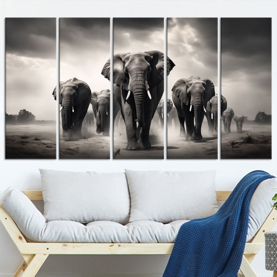 -Black White Elephant Family Wall Art Canvas Print