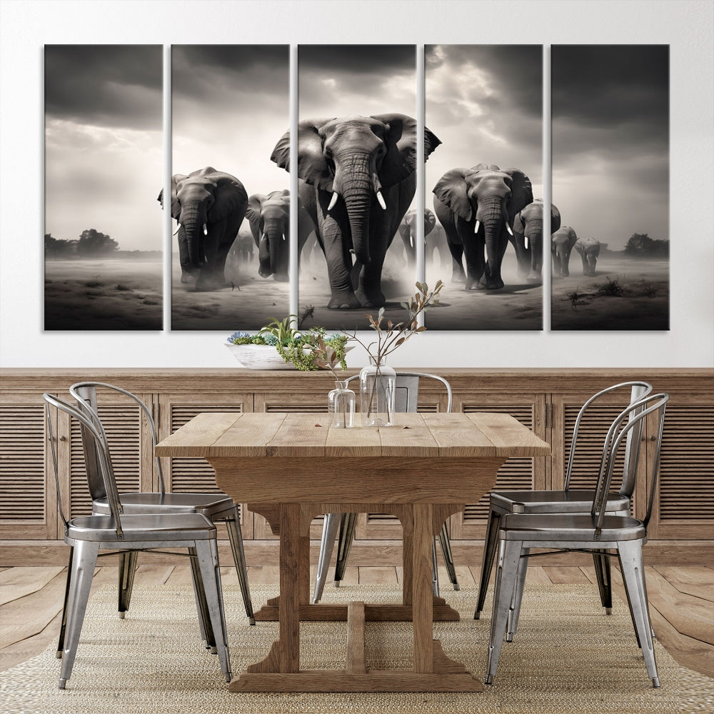 -Black White Elephant Family Wall Art Canvas Print