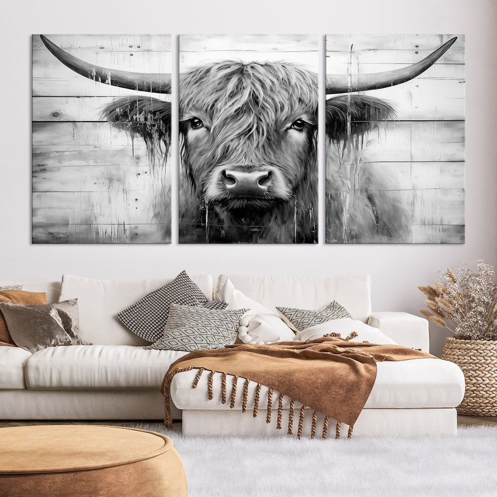 Edit-Images-Black White Highland Cow Wall Art Canvas Print